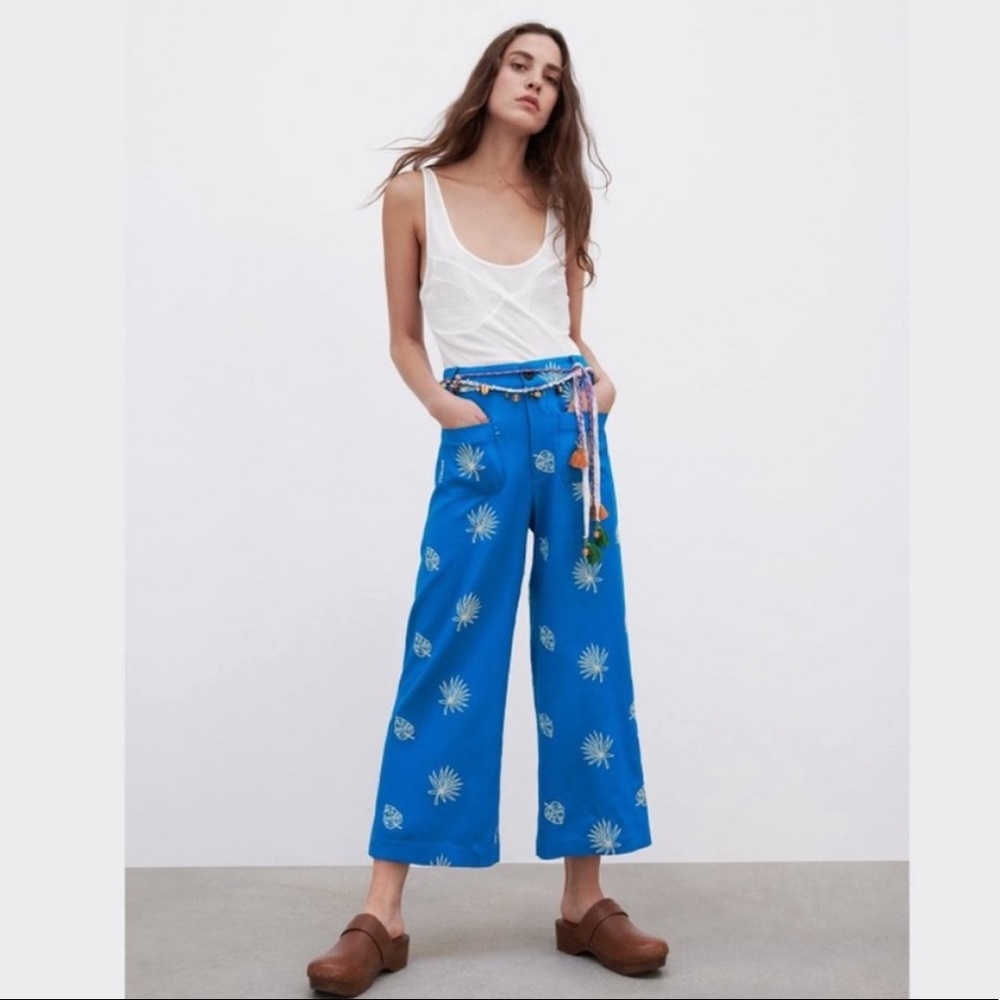 NWT Zara Wide Leg Leaf Embroidered Linen Crop Pants Blue L